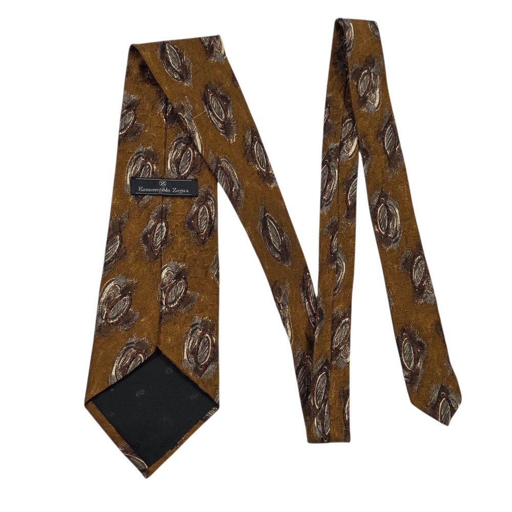 Ermenegildo Zegna Mens Necktie Gold Brown Silk Abstract Wide Classic Work Casual
